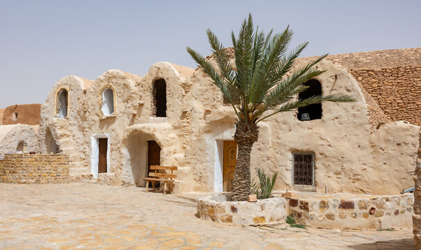 Ghorfa storage graneries of the traditional Berber mud brick fortified Ksar of Hedada or Hadada, near Tetouin, Tunisia