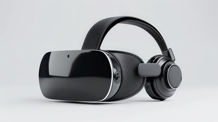 A high-resolution image of a cutting-edge VR headset with built-in headphones and a comfortable padding, showcased against a clean white backdrop for emphasis on its features.
