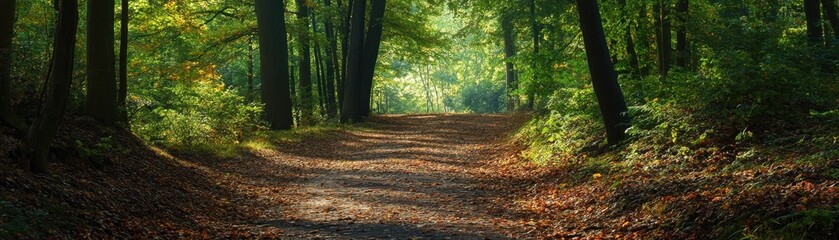 Obraz premium A tranquil forest path with fallen leaves and dappled sunlight