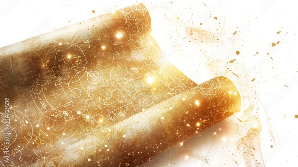 Poster a shimmering spell scroll unfurled with intricate magical symbols and glowing text, set against a wh
