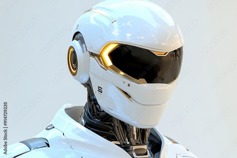 Poster futuristic white robot helmet with reflective visor exploring themes of identity and vision in advan