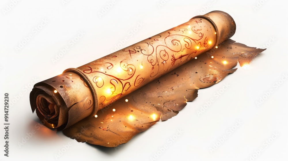 Fototapete a shimmering spell scroll unfurled with intricate magical symbols and glowing text, set against a wh