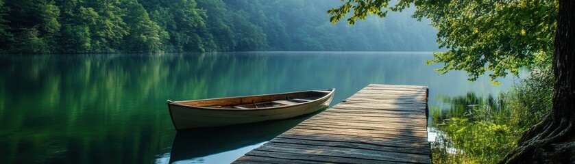 Obraz premium A serene lakeside view with a wooden dock and a rowboat