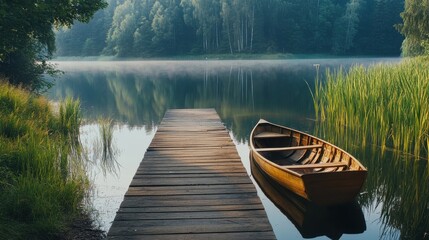 Fototapeta premium A serene lakeside view with a wooden dock and a rowboat