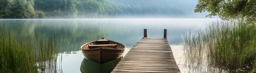 Naklejka premium A serene lakeside scene with a wooden dock and a rowboat