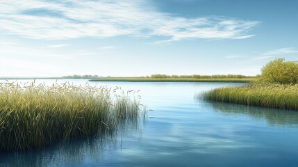 Fototapeta premium A tranquil riverbank with tall grasses and a clear blue sky