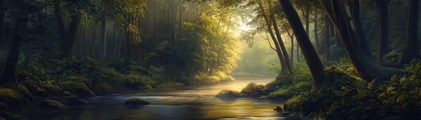 A tranquil river winding through a dense forest at dawn