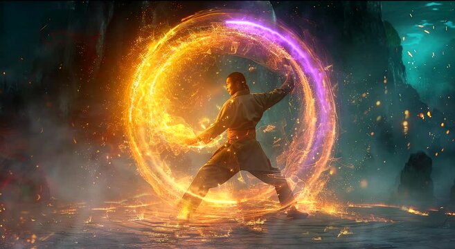 Martial artist in fiery circle energy. Seamless loop video background