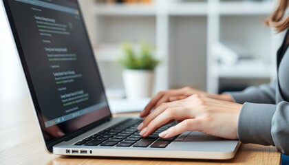 Woman's hands typing on laptop computer keyboard.