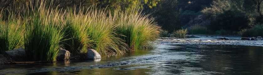 A tranquil river scene with tall grasses and a gentle current