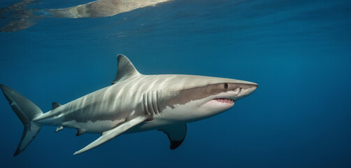 Fototapeta premium Majestic Blue Shark in Deep Water - Stunning Cinematic Shot with Sony FX3 27-70mm ,Quality Enhanced With AI