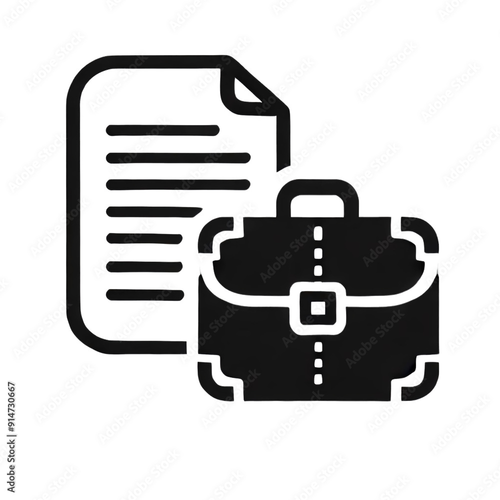 Poster black and white icon image depicting a briefcase, a document with lines. the background is transpare