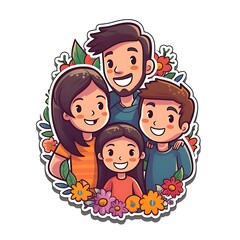 Happy Family of Four Posing Together Surrounded by Flowers