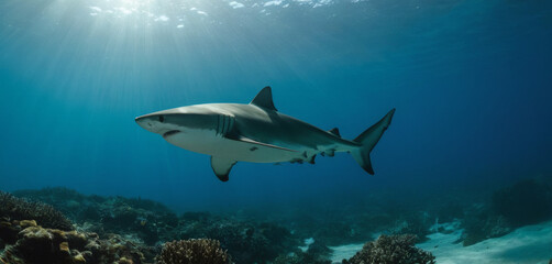Fototapeta premium Majestic Blue Shark in Deep Water - Stunning Cinematic Shot with Sony FX3 27-70mm ,Quality Enhanced With AI