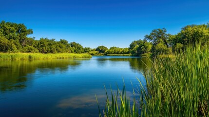 Obraz premium A tranquil riverbank with tall grasses and a clear blue sky