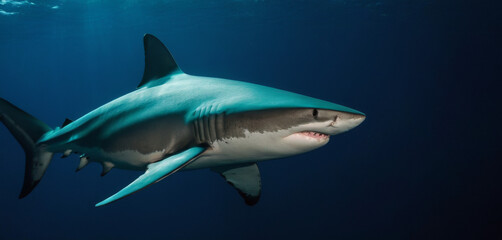 Fototapeta premium Majestic Blue Shark in Deep Water - Stunning Cinematic Shot with Sony FX3 27-70mm ,Quality Enhanced With AI