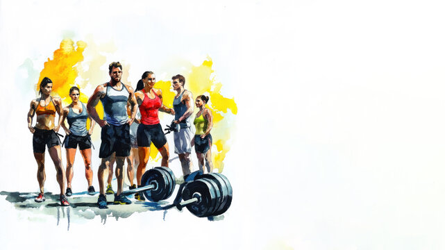 Yellow watercolor painting of A group of sports person exercise at gym