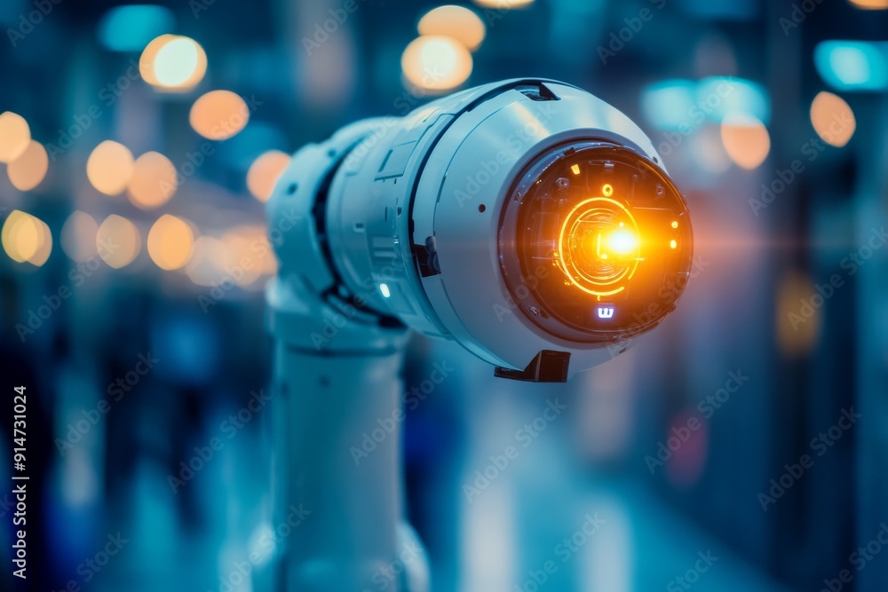 Poster high tech robotic arm with glowing orange light in a modern industrial setting showcasing advanced a