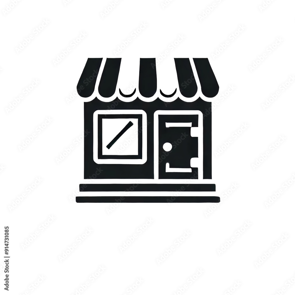 Poster black icon image depicting a small storefront with a door and a window. the building has an awning, 