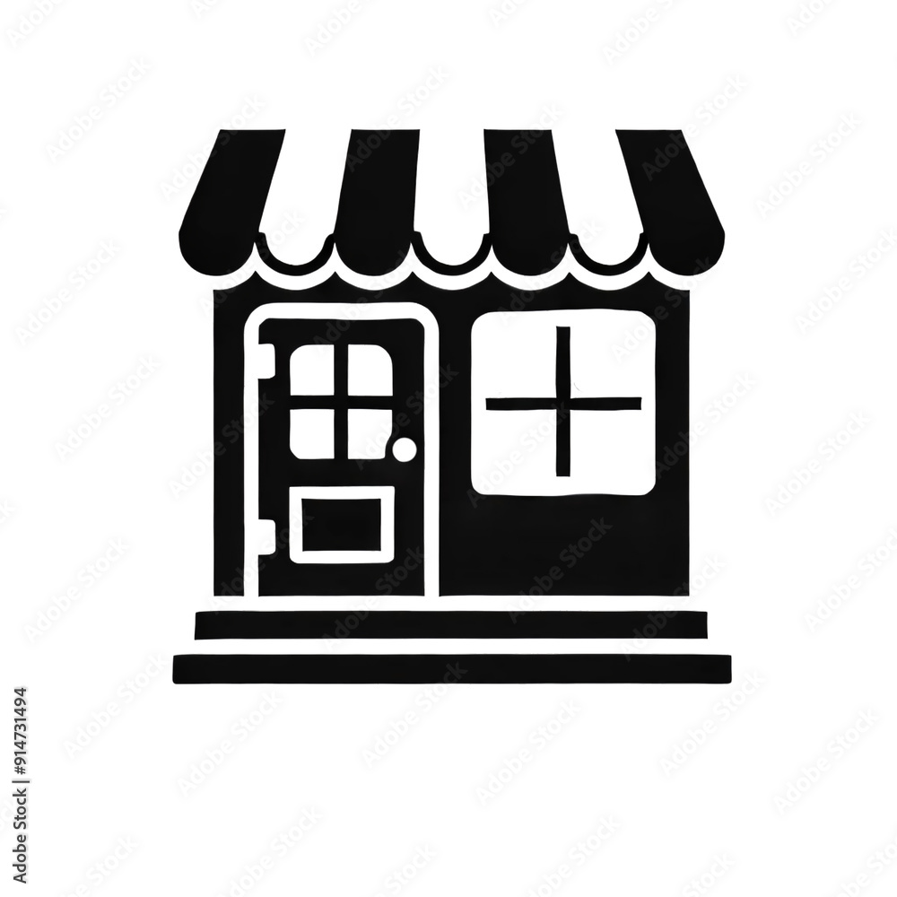 Poster black icon image of a storefront with an awning, a door, and a window. the design is simple and the 