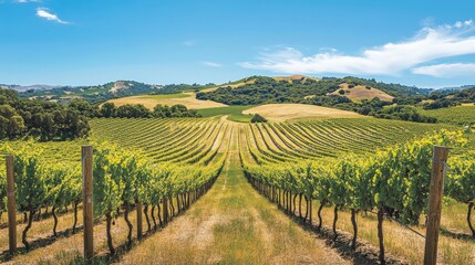 Fototapeta premium A picturesque vineyard with rolling hills and a bright blue sky