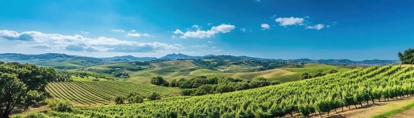 Naklejka premium A picturesque vineyard with rolling hills and a bright blue sky
