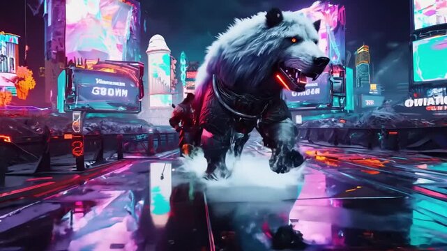 Futuristic white wolf with glowing eyes running through a cyberpunk city.