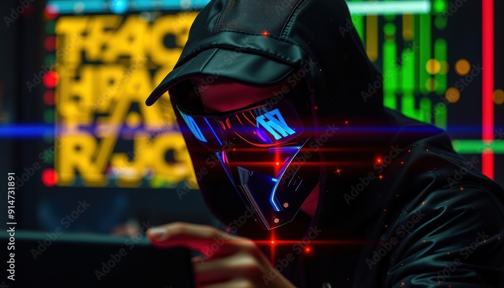 Poster hacker in a dark room with neon lights.