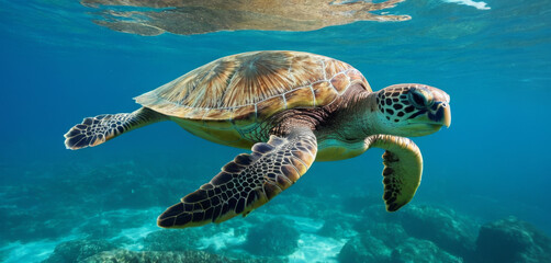 Fototapeta premium Sea Turtle Swimming in The Deep Water -Stunning Cinematic Shot with Sony FX3 27-70mm , High Quality Enhanced With AI