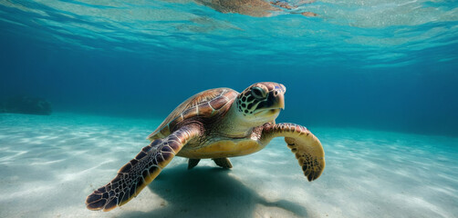 Obraz premium Sea Turtle Swimming in The Deep Water -Stunning Cinematic Shot with Sony FX3 27-70mm , High Quality Enhanced With AI