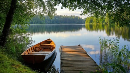 Obraz premium A serene lakeside view with a wooden dock and a rowboat