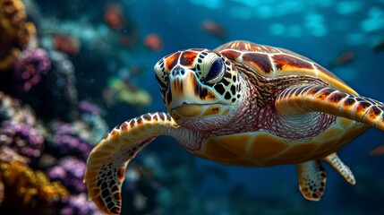 Fototapeta premium Close-up of a sea turtle swimming in vibrant coral reef waters 
