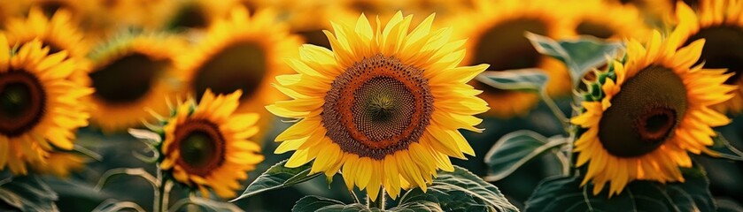 A vibrant sunflower field in full bloom stretching as far as the eye can see