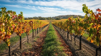 Naklejka premium A picturesque vineyard at harvest time with rows of grapevines stretching into the distance