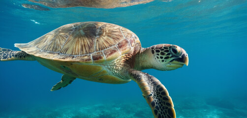 Fototapeta premium Sea Turtle Swimming in The Deep Water -Stunning Cinematic Shot with Sony FX3 27-70mm , High Quality Enhanced With AI