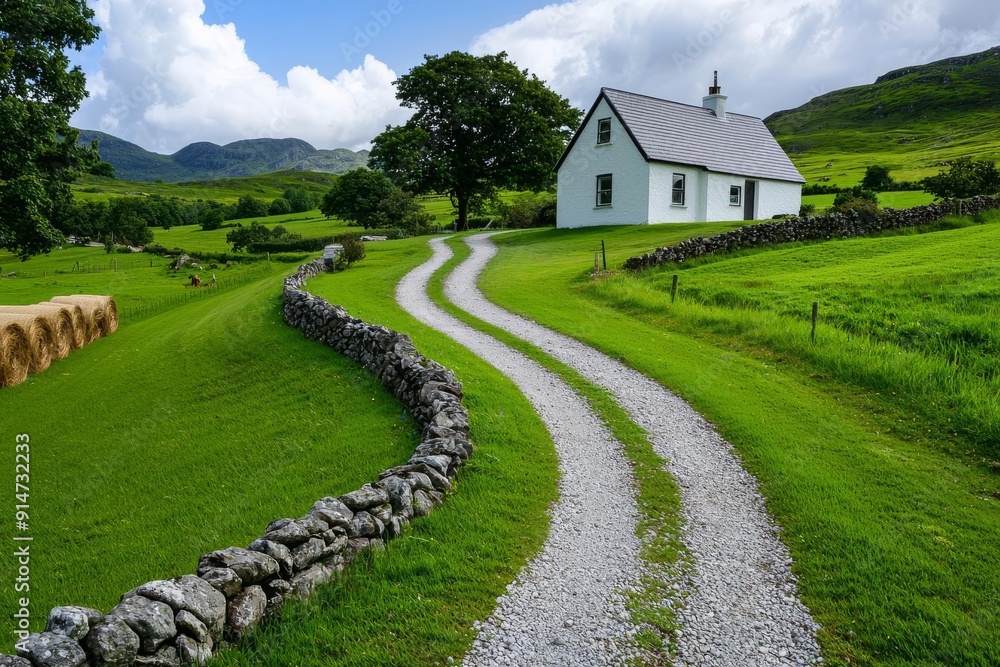 Wall mural Winding gravel road leading to a white cottage in a lush green countryside with stone wall
