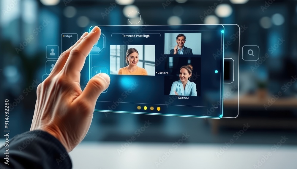 Poster hand interacting with a digital screen displaying a video conference call.