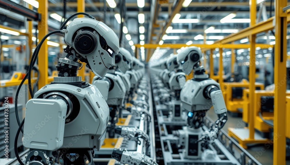 Poster robots working on a production line in a factory.