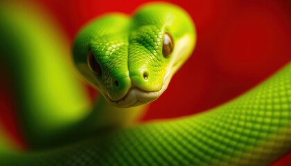 Obraz premium Close Up of Green Snake on Red Background.