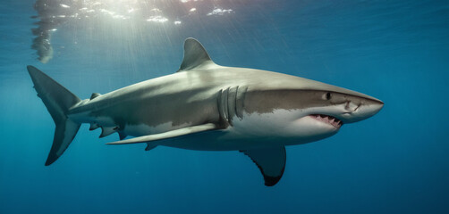 Naklejka premium Majestic Blue Shark in Deep Water - Stunning Cinematic Shot with Sony FX3 27-70mm ,Quality Enhanced With AI