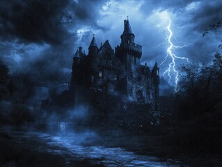 A spooky, dark and mysterious gothic castle with lightning striking behind it during a thunderstorm and rain.