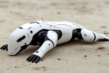 Obraz premium Crumpled humanoid robot lying on the ground in a desolate environment symbolizing the failure and abandonment of advanced technology in a dystopian future