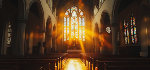Fototapeta premium Sunlight Streams Through Stained Glass Windows in A Historic Church Interior at Dusk
