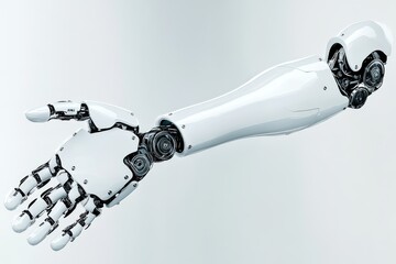 Futuristic robotic arm reaching out with sleek white and black design symbolizing advanced AI technology and human robot collaboration in a modern and high tech setting