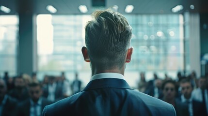 
The back of a businessman speaking in front of the class
