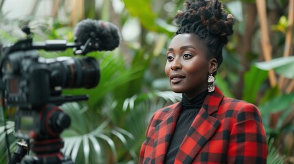 Woman being interviewed by camera in a garden.