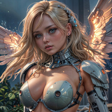 Blonde angel robotic girl