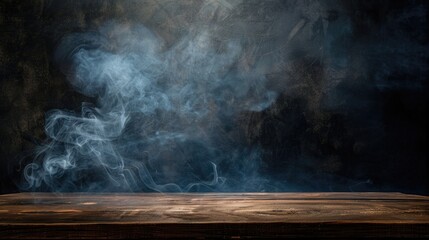 Empty wooden table with smoke floating on nature background
