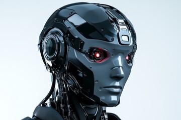 Futuristic humanoid robot with sleek black and chrome design symbolizing the strength and sophistication of advanced AI and robotics in a modern minimalist environment