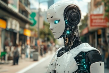 Futuristic humanoid robot with sleek white and blue design showcasing advanced AI technology and human robot interaction in a bustling urban environment